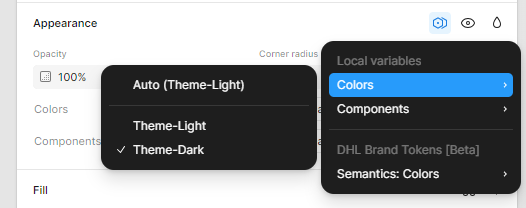 Figma Appearance panel with the Local variables Colors menu open