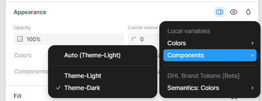 Figma Appearance panel with the Local variables Components menu open
