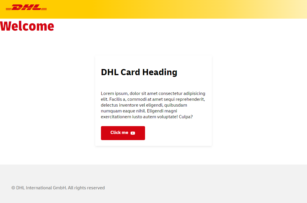 Example of DUIL used with web components. We can see top navigation, heading, dhl card and footer.